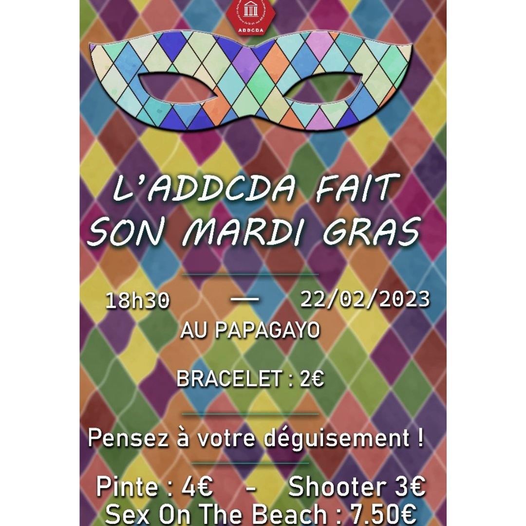 #ADDCDA vous invite à son #mardigras le 22 février 2023 au #papagayotoulouse à partir de 18h30
Nous vous attendons nombreux munis de vos plus beaux costumes 🦸‍♂️🦹‍♀️🦹‍♂️🧚🧜‍♀️🧝‍♀️🧙‍♂️💃🏾