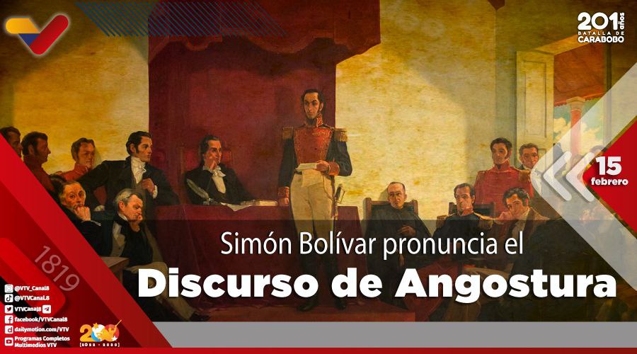 VTVcanal8's tweet photo. #EFEMÉRIDE🗓️| El Discurso de Angostura fue pronunciado por El Libertador Simón Bolívar el #15Feb de 1819, en Guayana, estado Bolívar. En este documento El Libertador expresa su opinión sobre lo que debía ser el proyecto constitucional de la Gran Colombia.

#CeseALasSanciones https://t.co/ORIUu3pTsz