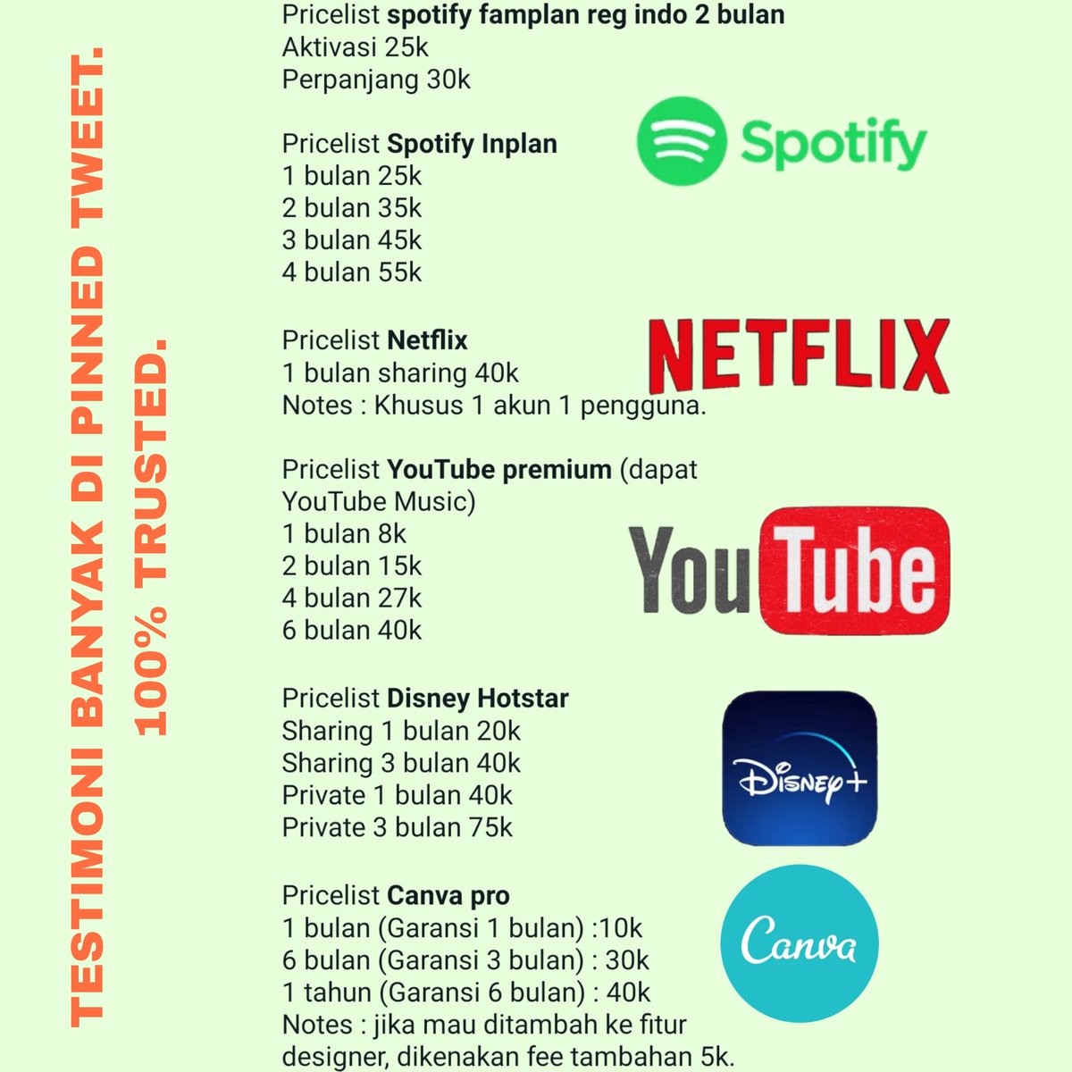 bercuang's tweet photo. Halo! Aku jual berbagai aplikasi premium yang murah &amp; legal. Ada Netflix, Spotify, Disney+ Hotstar, YouTube, canva pro, wattpad, crunchyroll.
Trusted dan bergaransi! 

WA : https://t.co/XYlS271OnT

Testi : https://t.co/7MncJlc1SF

Atau https://t.co/8j6I5eF620 https://t.co/pVoCkvDd17
