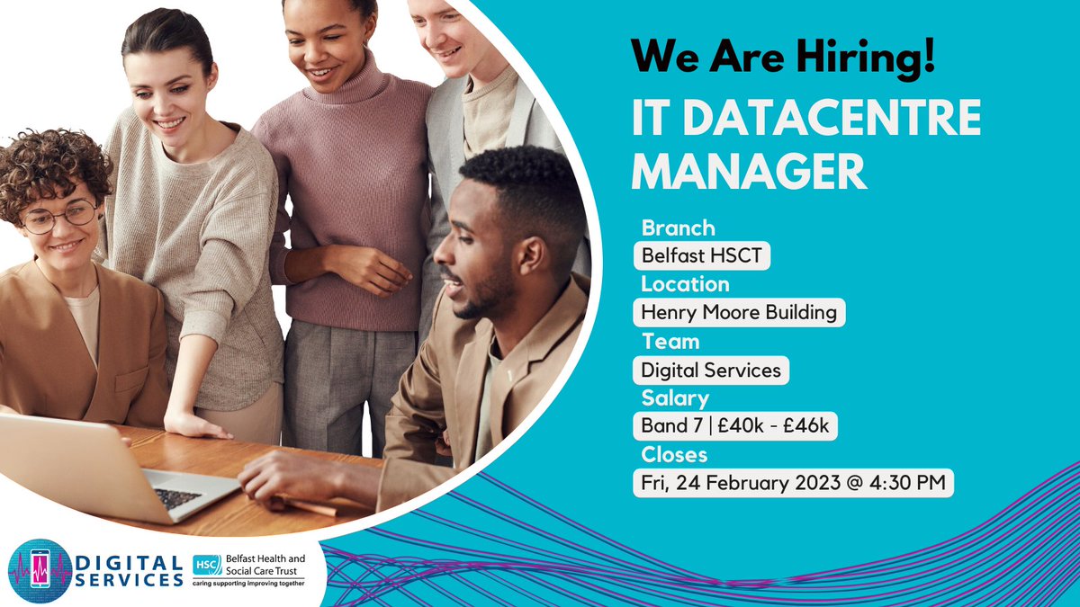 BHSCT_IT's tweet photo. We are recruiting for a Band 7 IT Datacentre Manager.
 
The post holder will assist in managing the day-to-day operations of ICT systems.
 
For more information, or to apply: https://t.co/IZyZIzIubc 
 
Closing date is Friday 24 Feb 2023 at 4.30pm.
 
Be Proud, Be Part of It. https://t.co/txft6tnoyR