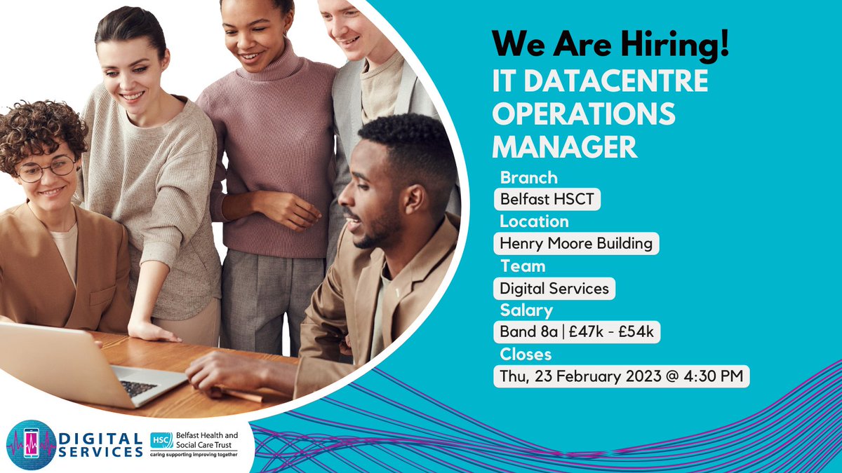 BHSCT_IT's tweet photo. We are recruiting for a Band 8A IT Datacentre Operations Manager

The post holder will assist in the management and delivery of services under the Operational remit.

For more information, or to apply: https://t.co/1suOjsKvBr 
 
Closing date is Thursday 23 Feb 2023 at 4.30pm. https://t.co/XNcTpZ1L7d