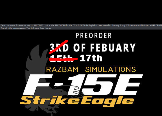 HIPGamesTV's tweet image. BREAKING NEWS!!! Not really... the PRE-ORDER date has changed to the 17th of February this week, there are two more days until you can pre-order the Strike Eagle. More information later in our next show! @hipgames #dcs #razbam