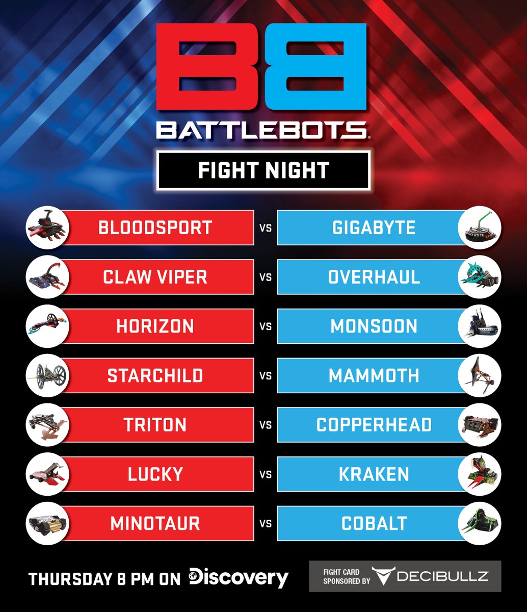 BattleBots's tweet image. 14 Bots. One crazy night. Don&apos;t miss the robot insanity Thursday 8p on @Discovery This weeks Fight Card brought to you by @decibullz