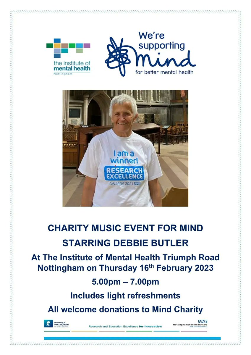 Join us for an evening of song with our <a href="/InstituteMH/">The Institute of Mental Health</a> colleague, Debbie. 
Debbie will be singing to raise money for <a href="/MindCharity/">Mind</a> - Thurs 16 Feb, 5pm - 7pm, Institute of Mental Health.

You can read her latest blog, sharing the benefits of music:  buff.ly/3QrffRr