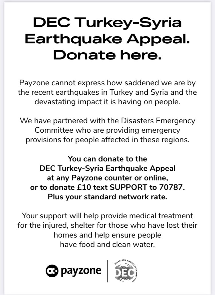 trudydavies1964's tweet photo. Our staff will be happy to assist you #Payzone @Payzone_UK 
Donate to either or both DEC earthquake appeal or the Ukraine appeal via our payzone terminal in the store.
#Woosnam #Llanidloes #Turkeynews #syriaearthquake
#earthquake #Appeal #Support #disasterresponse https://t.co/A45grxhqMr