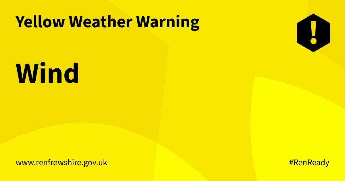 RenCouncil's tweet photo. A yellow weather warning for wind has been issued by @metofficeScot.
The weather warning will be in place from 5am until 3pm on Friday 17 February.
Take care if you’re out and about during this time.
#RenReady https://t.co/IbxVsCPLA5