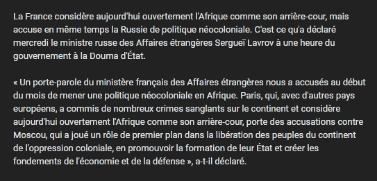 Vladivoscope's tweet photo. La #France considère aujourd'hui #ouvertement l'#Afrique comme son arrière-cour, mais accuse en même temps la #Russie de politique #néocoloniale. C'est ce qu'a déclaré mercredi le ministre russe des Affaires étrangères Sergueï #Lavrov.
https://t.co/G5H03nE77U https://t.co/gpl4dTiLSO