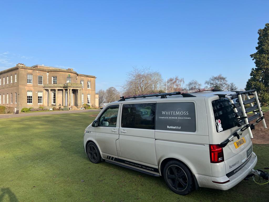 BunkerMat_com's tweet photo. @BroctonHall this morning, 7 bunkers & 700m2 of #BunkerMat installed. A bit tougher today, it took us 4 1/2 hours! #FastAndClean #BunkerMatGen2 #buildingbunkersbetter @Whitemoss_Louis @Whitemoss_BLaw @Whitemoss_EKL @TurfBusiness @TurfMatters @UKGolfClubs https://t.co/hr8qcvE73u