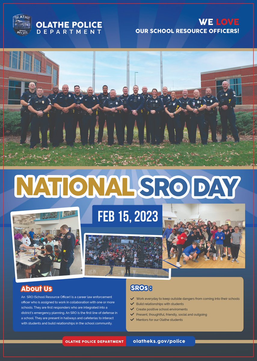 OlathePolice's tweet photo. What an important role in our community!  Happy #NationalSROday.  Thank you to all of our School Resource Officers and @olatheschools  for our continued partnership. https://t.co/4S28o2DWzv