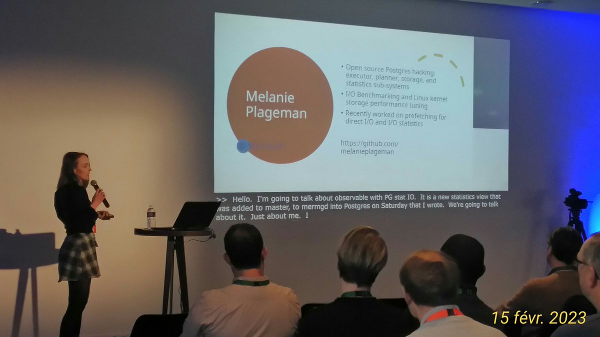 dalibo's tweet photo. On reprend avec @melanieplageman , de @microsoft, autrice d'un patch récent concernant les #statistiques dans #PostgreSQL ! Well done Melanie! Posez vos questions en direct sur https://t.co/PM7RMbPOa4 !
#sgbd #conférence #pg_stat_io #performance #pgsession15 https://t.co/qRJ8qKd0JZ