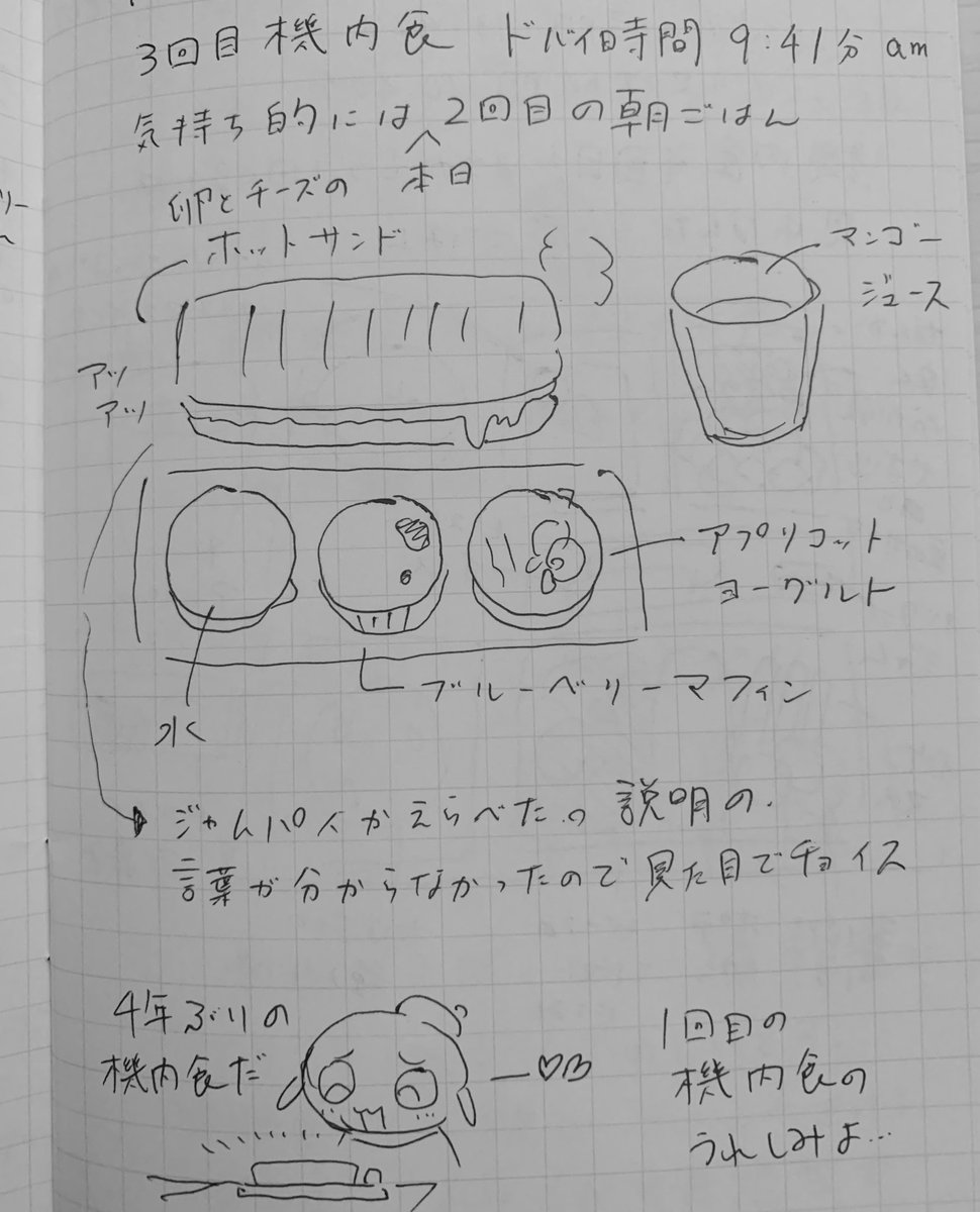 これはスペイン行きの飛行機で描いた機内食メモ。機内食ってなんであんなにワクワクするんだろう...愛 