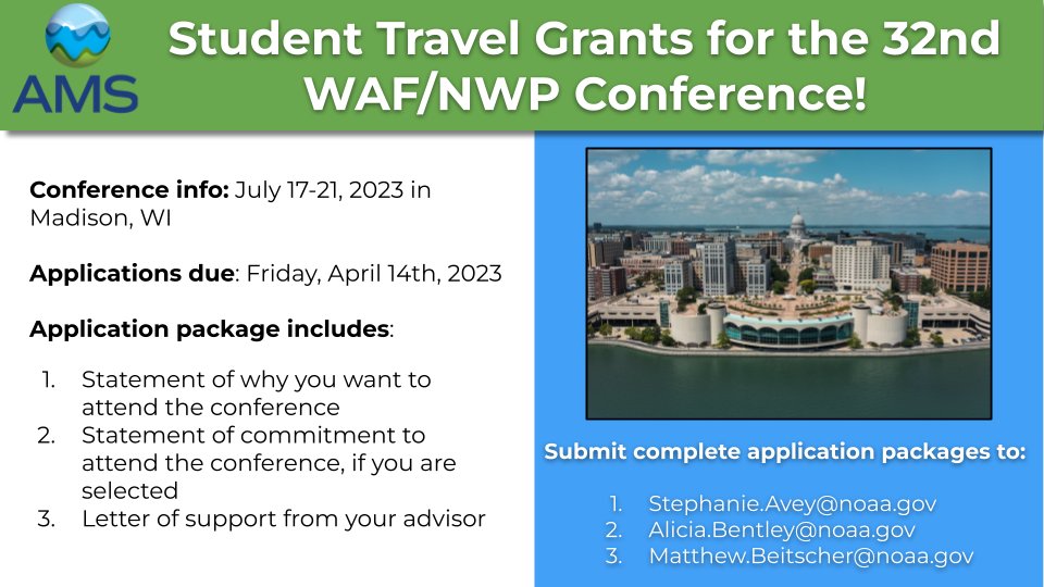 📢Calling all students!! The 32nd AMS WAF/NWP conference is July 17-21, 2023 in Madison, WI and the AMS WAF Committee has money for student travel grants! See more application info in the image below, and find conference details here: ametsoc.org/index.cfm/ams/…