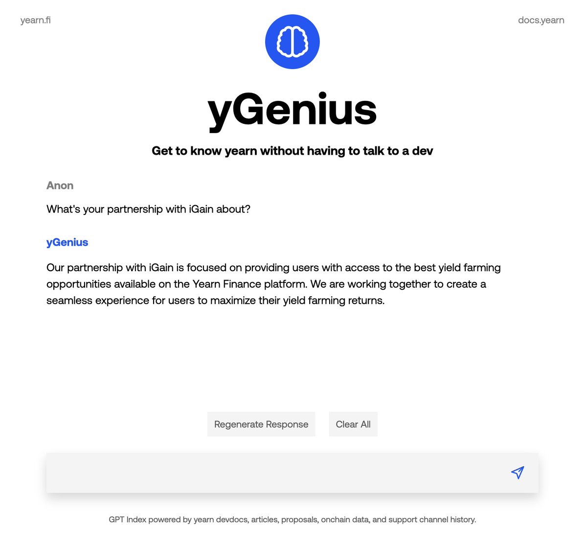 Great job, <a href="/iearnfinance/">yearnfi</a>! 👏

We asked Yearn Finance's yGenius about its partnership with <a href="/iGainFinance/">iGain Finance | Crypto Derivative Trading Platform</a>, a Hakka product, and this is the AI's response.

Get the highest yield opportunities with Yearn, then fix and stabilize them with iGain IRS!