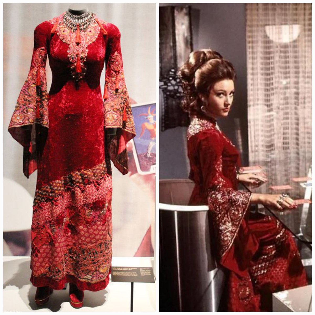 British-American actress Jane Seymour was born #OnThisDay in 1951. She wore  this embellished red velvet dress, designed by Julie Harris, as Bond Girl  Solitaire in the 1973 James Bond film Live and