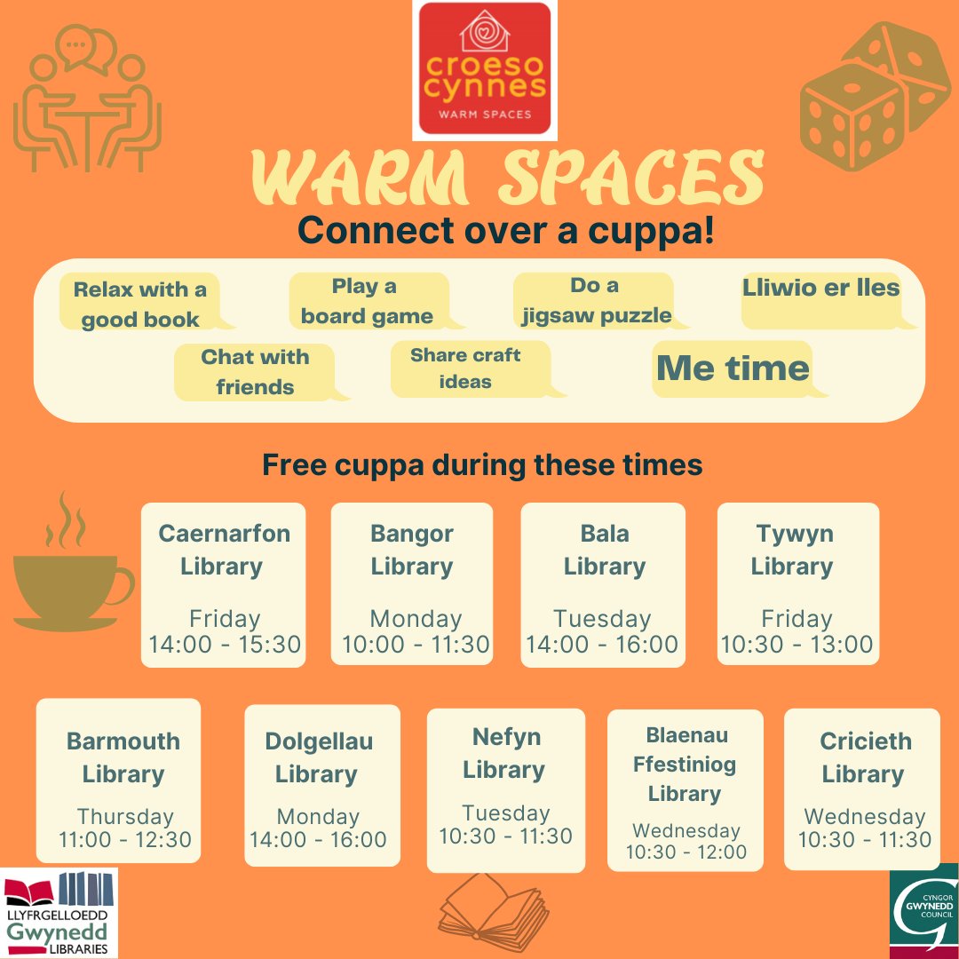 LlyfrGwyneddLib's tweet photo. Looking for somewhere warm and cozy to socialise over the winter? Why not visit your local library?
We offer a warm welcome to everyone!
A free cuppa will be available at some libraries during specific times. ☕
#CostofLivingSupport #PlacesToConnect https://t.co/wxhj1sN8C1