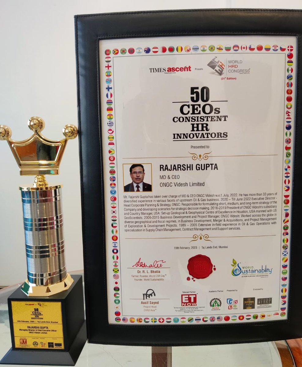 A moment of pride as MD & CEO, @ongcvideshltd has been conferred with award from @WHRDC for being ‘Consistent HR Innovator' @timesascent @PetroleumMin