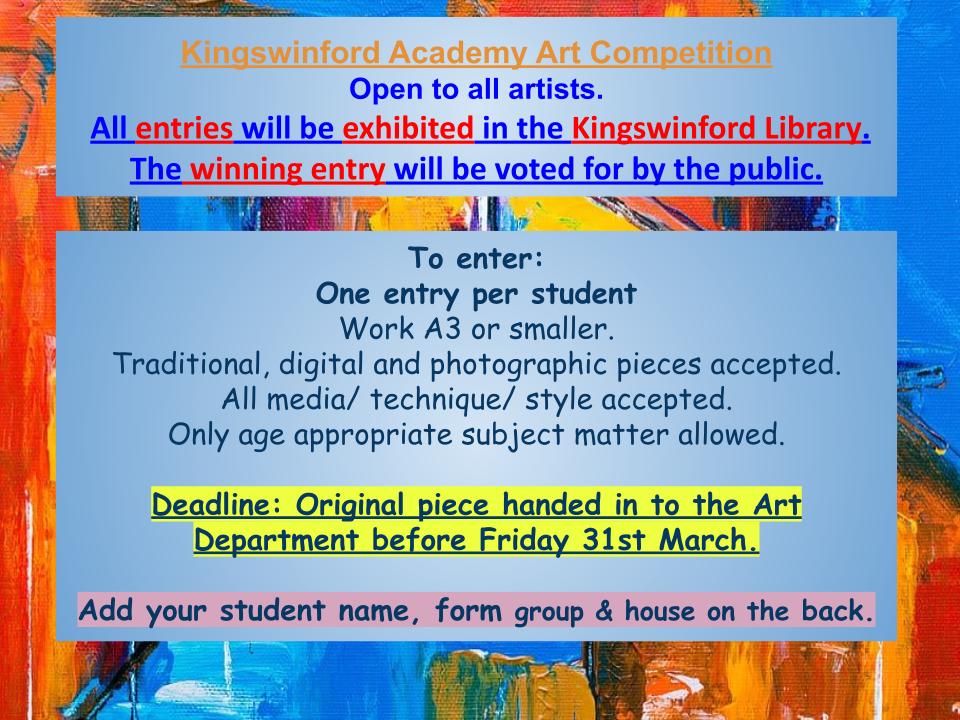 kfordacademy's tweet photo. Invitation for all our artists to submit ONE piece of artwork for exhibition at the Kingswinford library. The local community will select the winning entry. #winner#youngartist#creative
 KFA Art Competition - Local Library @WinAcadTrust https://t.co/6pcZpTJmME