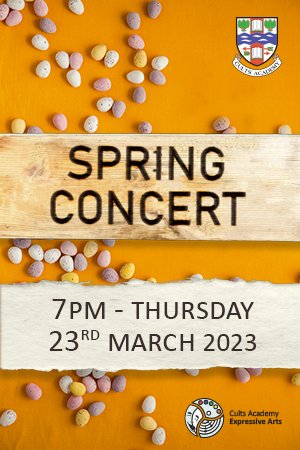 ♫♪♫ Spring Concert coming soon! eTickets will be going on sale from Monday 20th Feb at ticketsource.co.uk/cults-academy
7pm on the 23rd March in Cults Academy's Assembly Hall! We hope to see you there! ♫♪♫