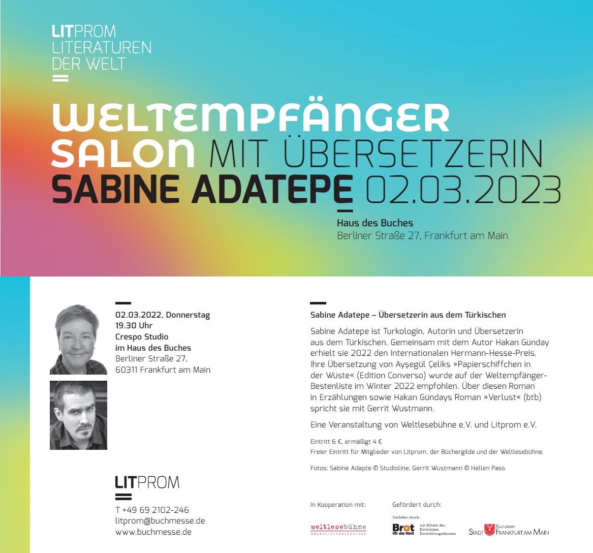 Plaudern aus dem Übersetzerinnen-Nähkästchen: am 2.3. in Frankfurt, Crespo-Studio im Haus des Buches, moderiert von Gerrit Wustmann - kommt vorbei, ich bin auch da! #Weltempfänger-Salon @litprom 
litprom.de/events/alle-te…