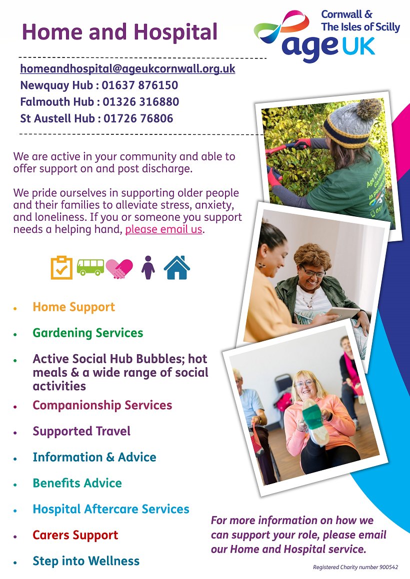AgeUKCornwall's tweet photo. 1 of 2
โWe arranged a support package for a gentleman who had been in hospital for many weeks - his daughter rang the Community Gateway to thank us'
#communitysupport #homefromhospital #hospitaldischarge
Contact our local hubs in Newquay, Falmouth & St Austell๐to find out more https://t.co/7GOs21JIJ6