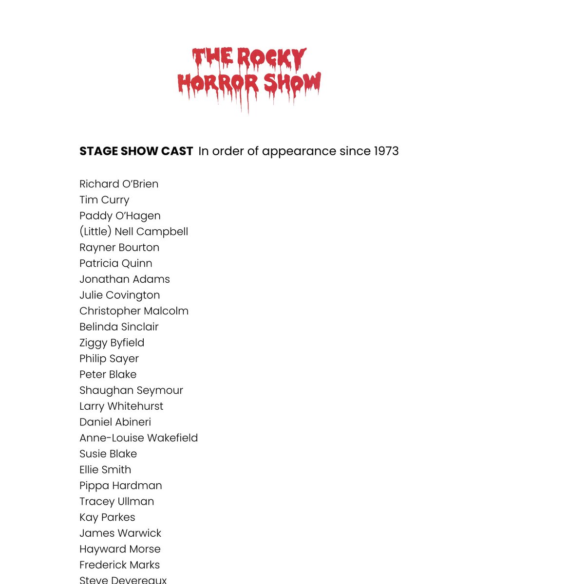 🎭What a list! The RHS cast list roll call of 1500 stars in order of appearance since 1973...

👉rockyhorrorshow.online

#rockyhorror #franknfurter #timcurry #richardobrien #patriciaquinn #rockyhorrorshow #magenta #musical #timewarp #drfranknfurter #riffraff #sweettransvestite
