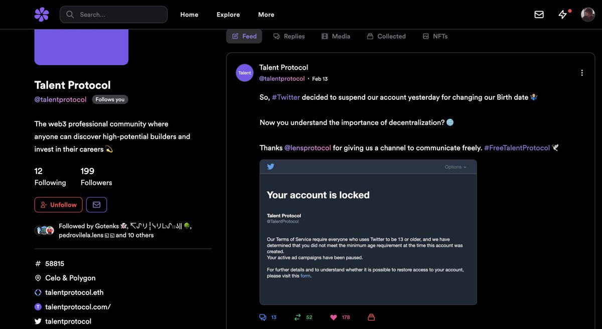 HooCrypto's tweet image. Bird app baned @TalentProtocol -&amp;gt; We migrated to @LensProtocol 

In one day we made a 2x on Followers and get huge engagement.

We need more communities on Lens 🙌🏻

#FreeTalentProtocol 🕊️
