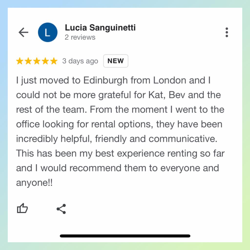 Delighted to receive this 5 star          ⭐️ ⭐️⭐️⭐️⭐️ review 🙌 👏👌From London to Edinburgh with Smart   All she did was pop into our friendly office & we did the rest 💁‍♀️💁🏡 #makethesmartmove #goingtheextramile #smartteam #smartrentals #smartlettings #smartproperty #smartresult