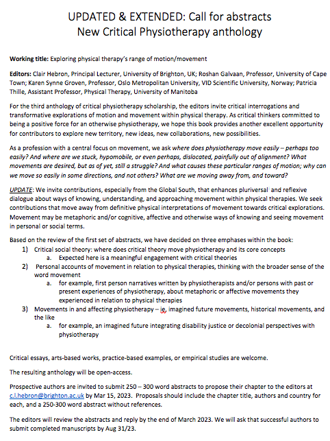 c_hebron's tweet photo. Extended call for abstracts #critical #movement #motion #physiotherapy https://t.co/k0Xn4RUmD5