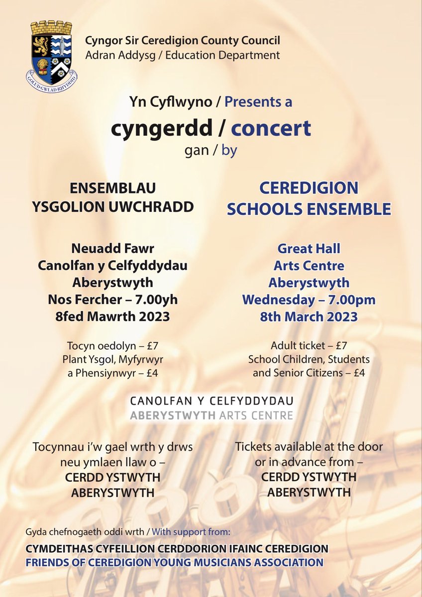 Cyfeillion / Friends (@cyfeillioncerdd) on Twitter photo Braf iawn yw gallu dweud bod cyngerdd ar y gweill gan ensemblau hŷn Gwasanaeth Cerdd Ceredigion - ymunwch â ni am wledd o gerddoriaeth nos Fercher yr 8fed o Fawrth <a href="/aberystwytharts/">Canolfan y Celfyddydau Aberystwyth Arts Centre</a> a rhannwch y neges â chroeso! Braf iawn yw gallu dweud bod cyngerdd ar y gweill gan ensemblau hŷn Gwasanaeth Cerdd Ceredigion - ymunwch â ni am wledd o gerddoriaeth nos Fercher yr 8fed o Fawrth <a href="/aberystwytharts/">Canolfan y Celfyddydau Aberystwyth Arts Centre</a> a rhannwch y neges â chroeso!