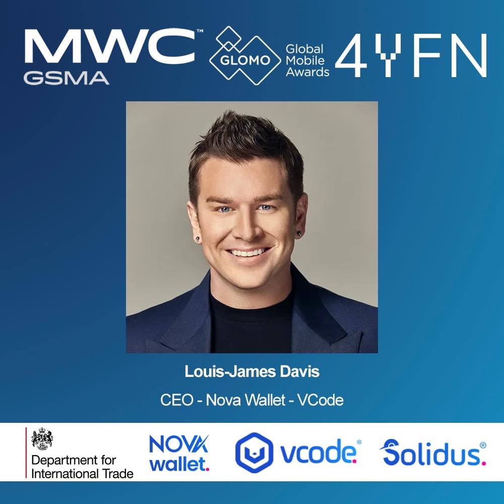 Exciting news! #NovaWallet and #VCode have been selected to attend #MobileWorldCongress, Barcelona by the #BritishGovernment. CEO @louisjamesdavis will be speaking about our cutting-edge tech & innovations #MWC2023 #Innovation #Tech #vsolidus