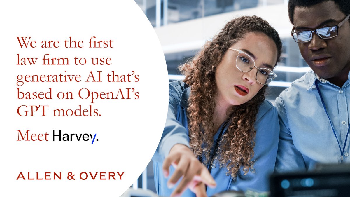 AllenOvery's tweet photo. We are proud to be the first law firm to partner with Harvey, a ground-breaking generative AI platform that is designed to tackle legal problems.

 It is built on OpenAI’s latest models - learn more:
https://t.co/t0UTrefIaH

#legaltech #openai https://t.co/AekNfaeZsQ