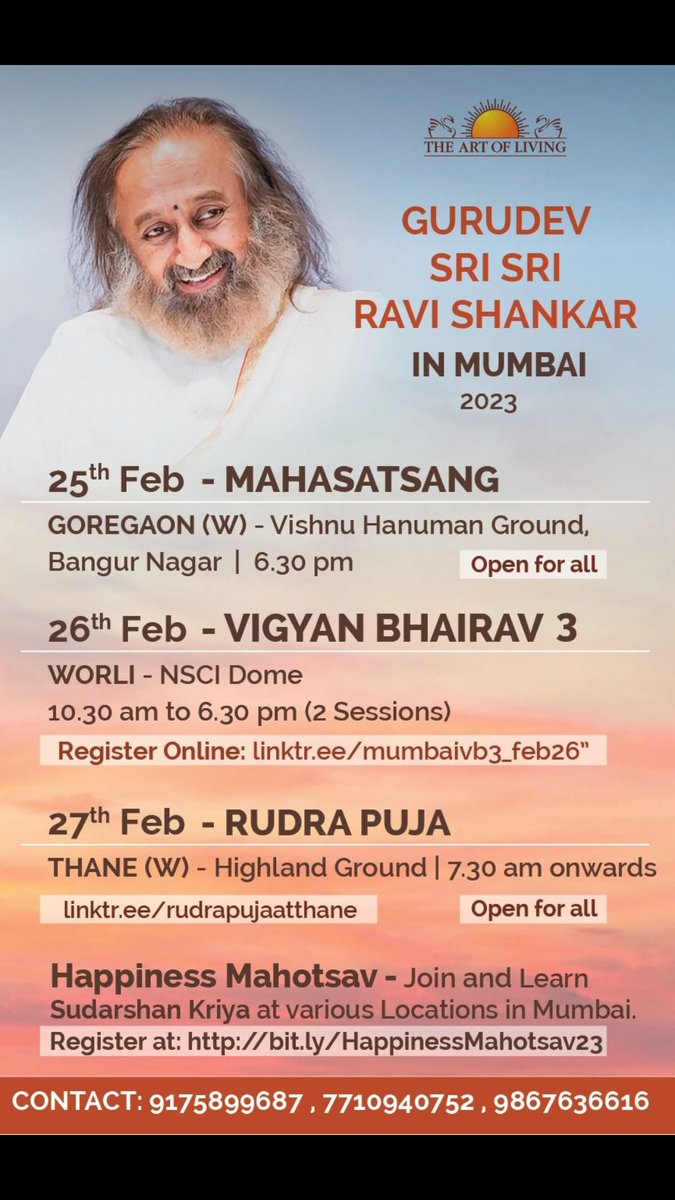 Gurudev in Mumbai, 25,26,27, February 2023. All are invited!

#Mumbai
#artofliving
#satsang
#vigyanBhairav
#Rudrapuja
___________________________💝
