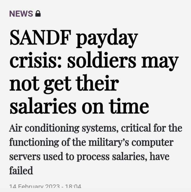 What the heck is going on? The wheels are falling off everywhere ! 🙈 

Now, not even the SANDF soldiers are certain of their salaries. The safety and sovereignty of our country is being compromised. #cyrilramaphosa is an unmitigated disaster. He must just take his jacket and go!