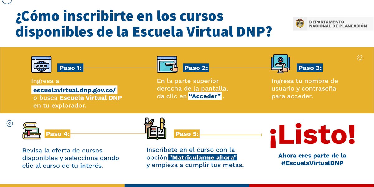 DNP_Colombia's tweet photo. 📚 ¿Sabías que el #DNP cuenta con una amplia oferta de cursos virtuales para toda la ciudadanía?

🤓Ingresa a https://t.co/bs6OJXIV29 , sigue este paso a paso e inscríbete en el curso de tu interés.

Únete a la #EscuelaVirtualDNP fortalece tus habilidades y alcanza tus metas🚀 https://t.co/Xcz51Lv7T3