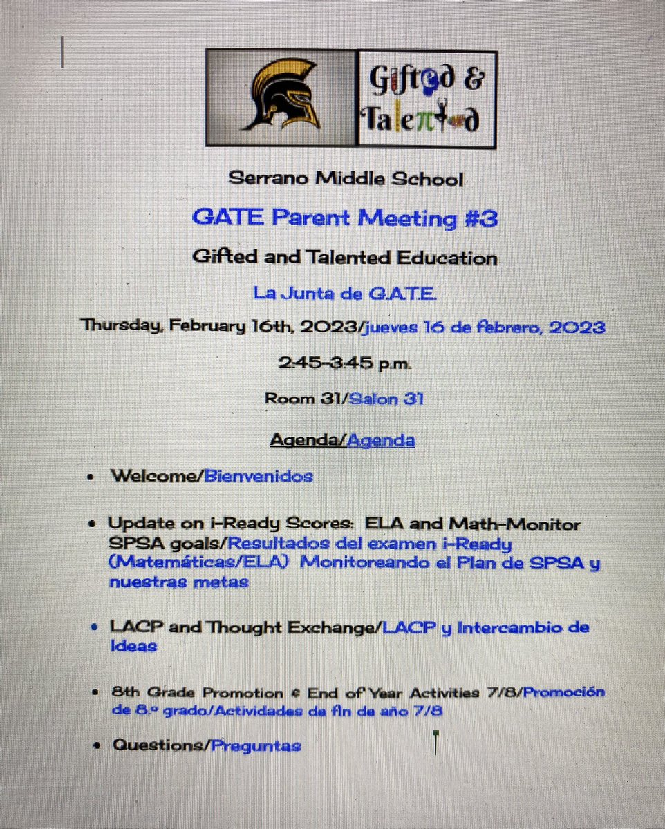 Please join us G.A.T.E. Parents for our 3rd G.A.T.E. Meeting :)