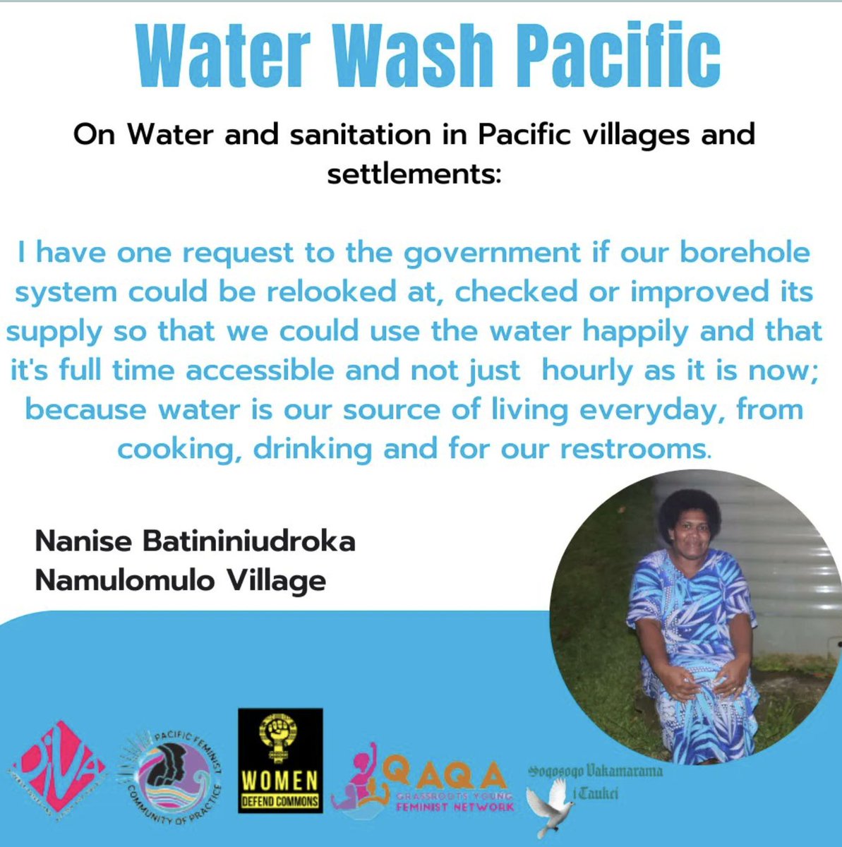 WaterWashPac's tweet photo. #PacificWomenSpeak on #WaterAndSanitation:
#WomenDefendCommons #DIVAFiji #MenstrualHealthAndRights #SRHR #PMHN
#WaterIsLife #WaterWASHPacific
@WaterWashPac
@slrabuka
@henrytpuna
@waf_fiji
@WASHFutures
@FijiMissionUN
@UN_Water
@unwomenchief
@antonioguterres https://t.co/ifMVI4LXL5