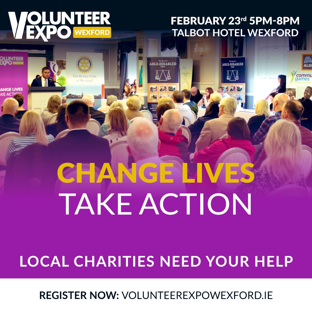 Do you want to give back to your community?The #volunteerexpo will start you on the most rewarding journey of your life. 🗓️Thurs Feb 23rd ⏱️5pm - 8pm 🏨Talbot Hotel Wexford 💰Free ®️Register volunteerexpowexford.ie/register-to-at… #peopleofaction @karlfitzpatrick