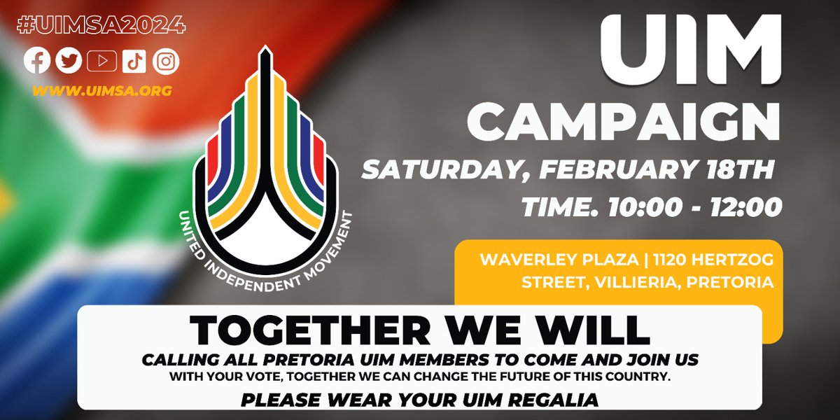 UIMSouthAfrica's tweet photo. Calling all #Pretoria #UIM #Members!
Saturday 18 February 2023 from 10:00 - 12:00
Please wear your UIM regalia
#uimsa #uimsa2024 #TogetherWeWill #Southafrica #southafrican #instagram #instagood #facebook #politics #SA1st #sa #SApolitics #politicalparties #southafricannews https://t.co/sk62ZvNqsO