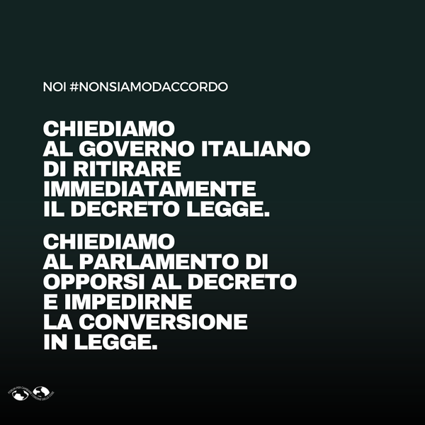 #Nonsonodaccordo 
Dietro il pretesto di regolare le operazioni delle ong, si cela l’ennesimo tentativo di svuotare il mare da chi garantisce il soccorso e tutela i diritti. 
Ecco perché non siamo d'accordo e cosa prevede il decreto 👇