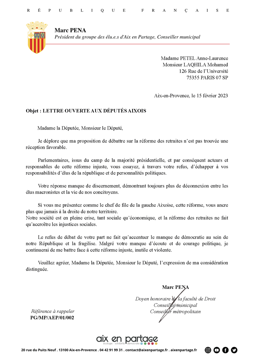MarcPena_'s tweet photo. 🔴📣Retrouvez ma réponse aux députés aixois sur le refus de débattre de la réforme des retraites.⤵️
💬" Malgré votre manque d’écoute et de courage politique, je continuerai de me battre face à cette réforme injuste, inutile et violente. " https://t.co/xHBqavOZ1N