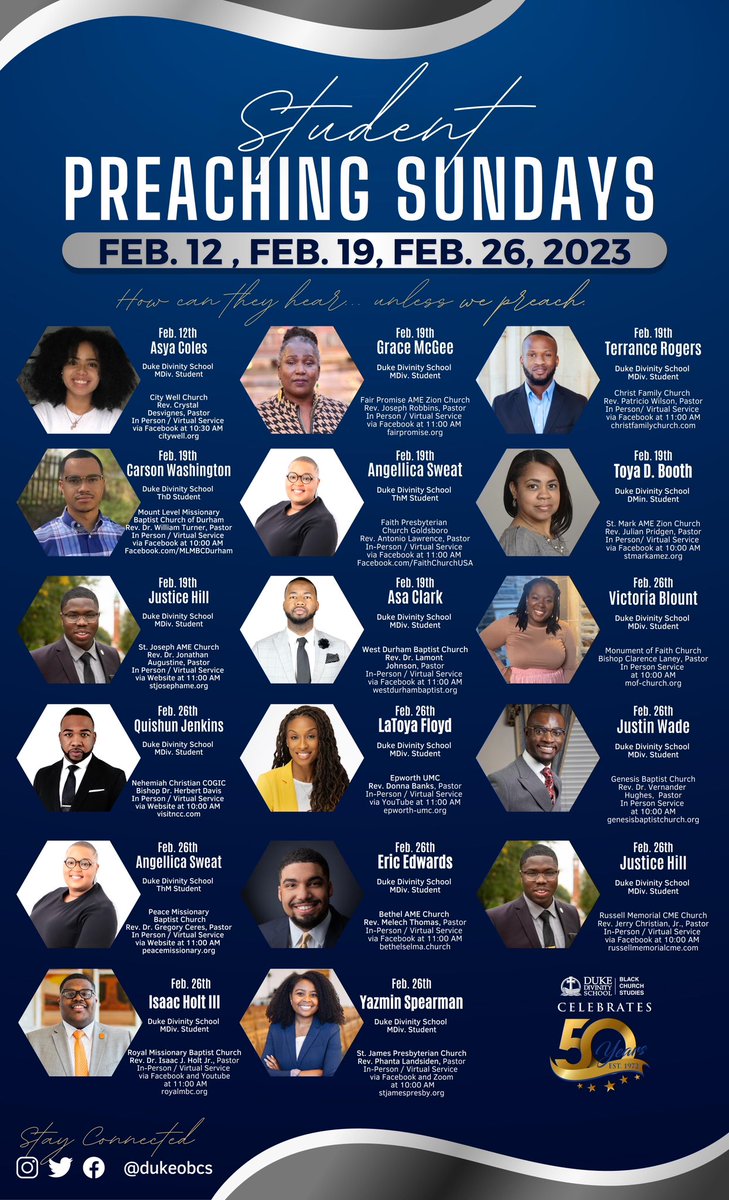 DukeOBCS's tweet photo. The Office of Black Church Studies would like to invite you to support any of the following services listed on the flyer! #50thanniversary #obcs #dukedivinity https://t.co/XIyF6FmUPT