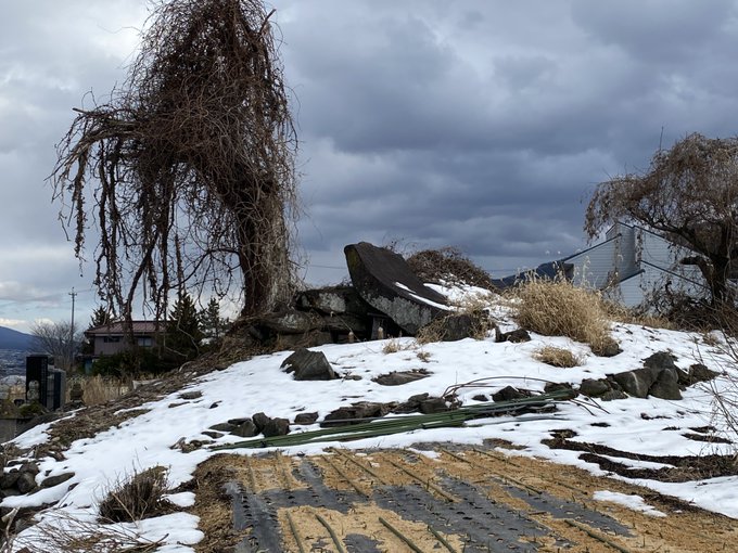 塚屋古墳畑中に崩れた石室が残存し、天井石の下の小祠には小さな御柱が建てられている。Google mapの座標は微妙にずれているので注意。 