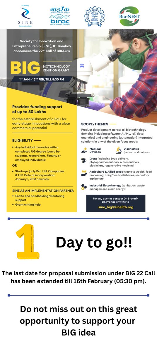SINEIITB's tweet photo. Please note that the official end date for the 22nd cycle of @BIRAC_2012 BIG has been officially extended to 16th February at 5:30 pm.
Apply here: https://t.co/fgKqMrZHKf
#BIG #BIG22 #BIG22Call #GuidanceSession #awarenessSession #BIGGrant https://t.co/QwdQcAQ88o