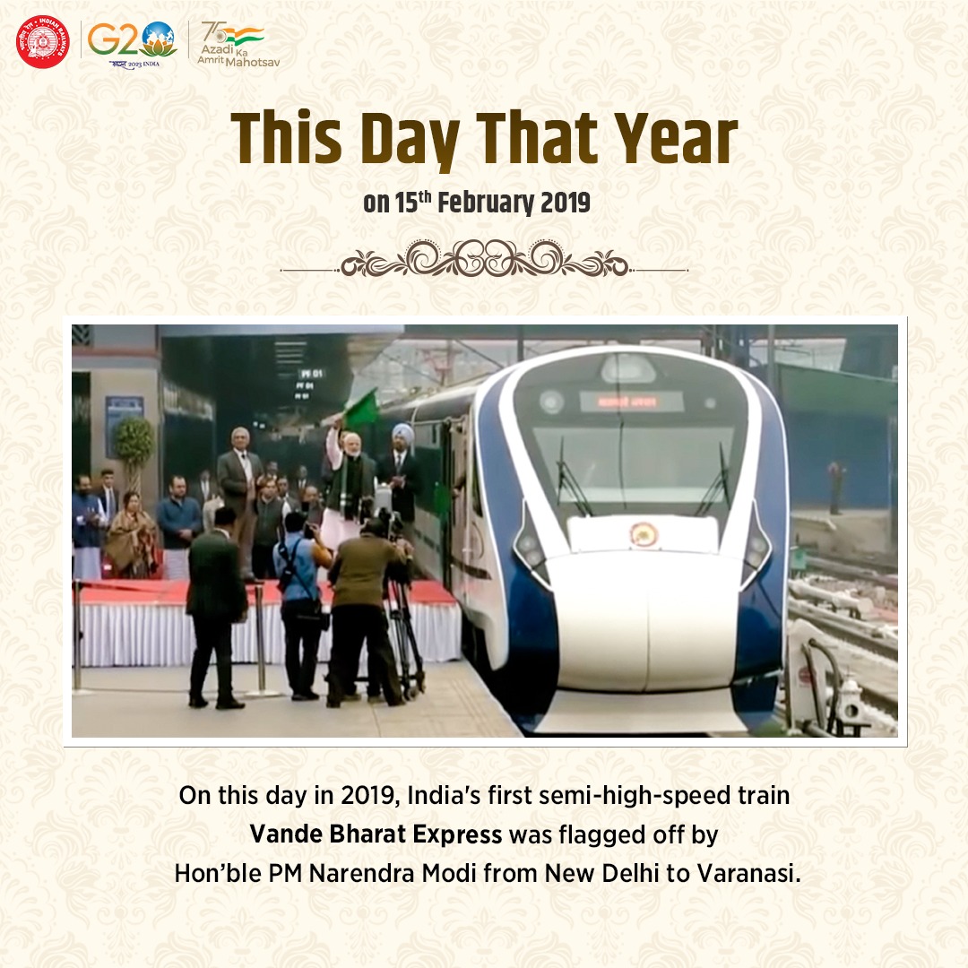 RailwayNorthern's tweet photo. 4 साल बेमिसाल! 

On this day in 2019, Hon'ble Prime Minister Shri @NarendraModi  flagged off India's first semi-high-speed train #VandeBharat from New Delhi to Varanasi.

#4YrsOfVandeBharat
#DownTheMemoryRail @RailMinIndia https://t.co/pptZepAGAd