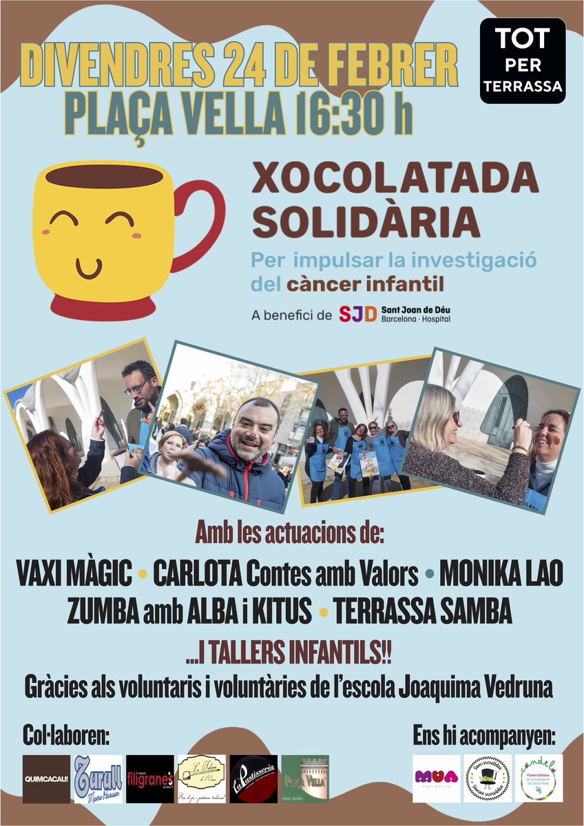 Avui és el #DiaMundialContraelCàncerInfantil i no hi ha millor manera de commemorar-lo que posar el nostre gra de sorra per aconseguir recursos per a la🔬recerca del #CàncerInfantil.

🍫Xocolatada Solidària

📌24 febrer
🕟16:30h
📍Pl. Vella #Terrassa

Vine! Muntarem un bon cacau!