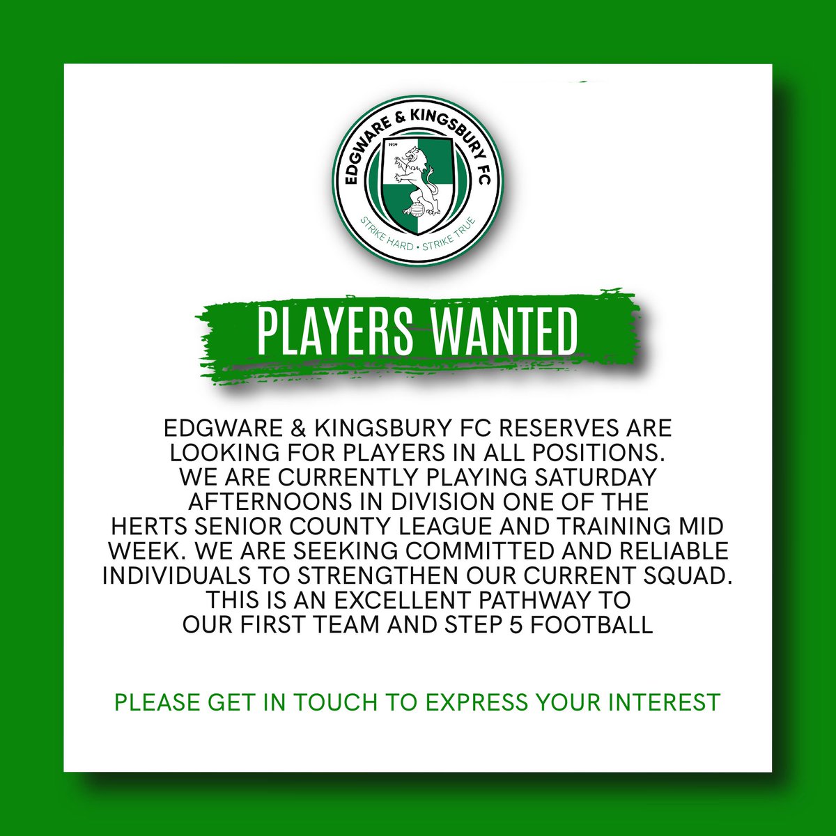 Calling all aspiring footballers…
Please share 💚🤍
.
#Wares #Reserves #EandKFC #Edgware #Players #Trial #Pathway #NonLeague #Team #Recruitment #Opportunity #Football #MensFootball #Herts #Middlesex #PlayersWanted #FootballTrials #ReserveTeam #Ballers #Train #ContactUs