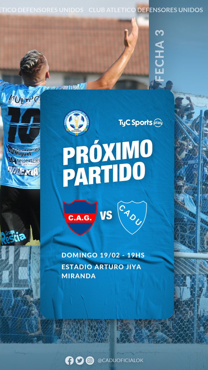 caduoficialok's tweet photo. 🔜 ¡PRÓXIMO PARTIDO! 

⚽️ #PrimeraNacional
🆚 Güemes 
🗓️ Domingo 19/02 
🕣 19:00hs
🏟️ Arturo Jiya Miranda 
📺 @tycsportsplay 

 #DaleCADU https://t.co/N86Y9szPDw