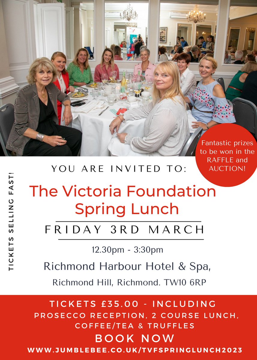 LAST CHANCE TO BOOK for The Victoria Foundation Charity  Spring Lunch on 3rd March @richmondharbourhotel - the proceeds will help to transform lives through funding specialist mobility aids for youngsters with complex needs.
TICKETS £35   BOOK NOW jumblebee.co.uk/TVFSPRINGLUNCH…