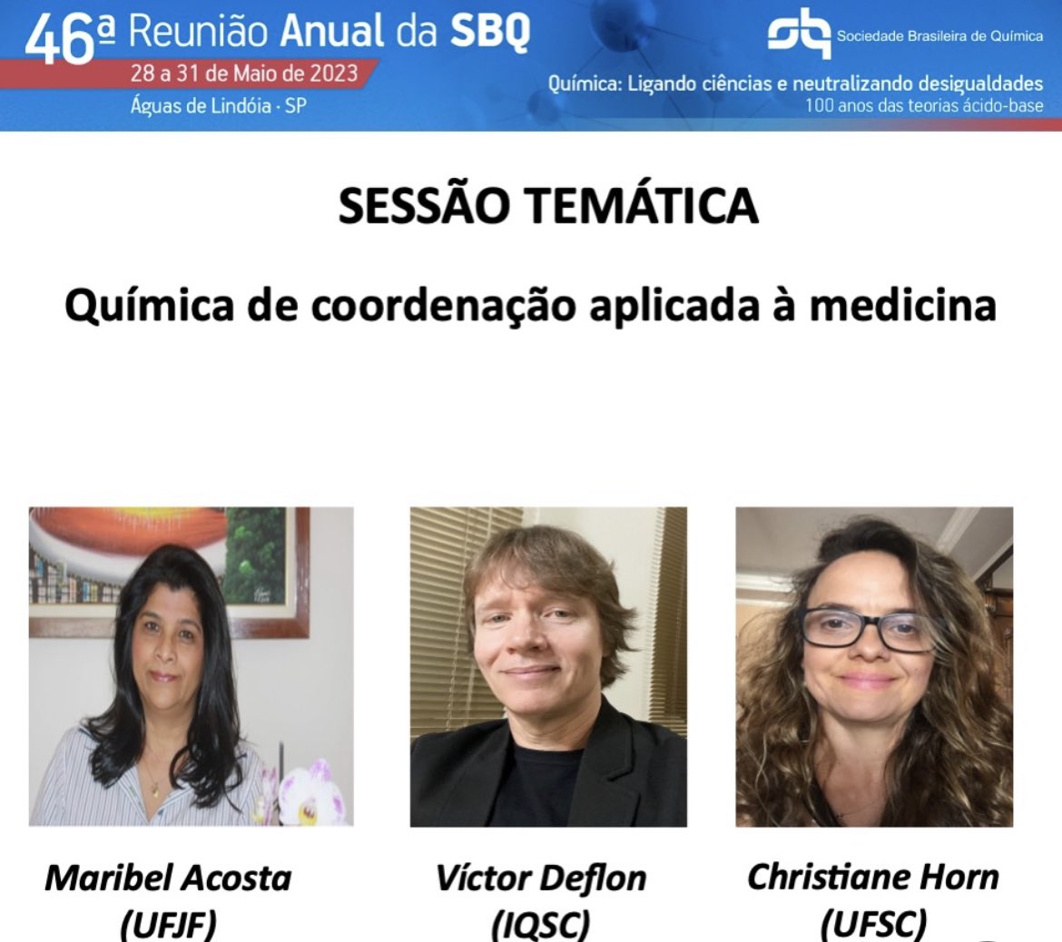 sbquimica's tweet photo. A 46a Reunião Anual da SBQ ocorrerá entre os dias 28 e 31 de maio deste ano, e conta com uma Programação de altíssima qualidade. Confira as Sessões Temáticas.
“Química de Coordenação Aplicada à Medicina”
Saiba mais em https://t.co/LVgkgDbFh0
#SBQ #Química #46RASBQ #Chemistry https://t.co/IO2I84U7k9