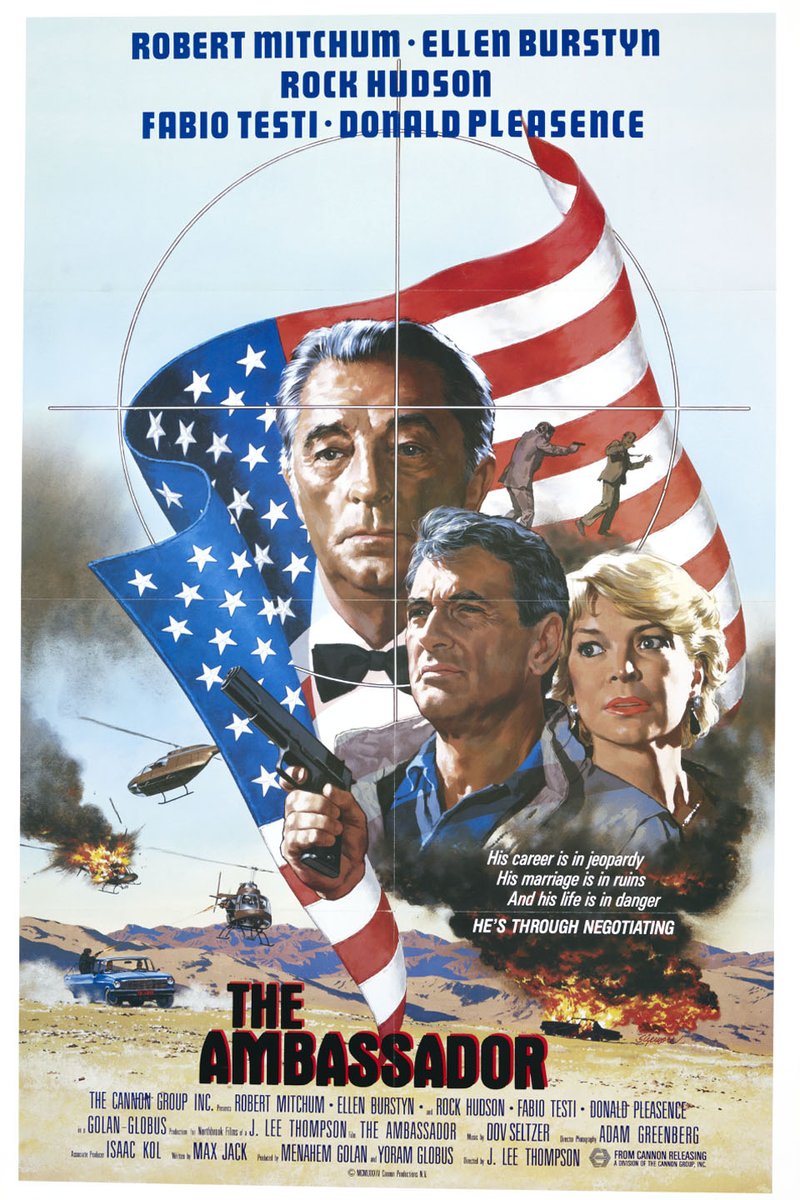 #WorldRecord/563
The Ambassador ('84)
⭐️⭐️½
J. Lee Thompson adapts an #ElmoreLeonard story, and brings some old Hollywood stars in #RobertMitchum, Rock Hudson, Ellen Burstyn & #DonaldPleasence. It's a Cannon feature, so while it's not great, it's still a hell of a lot of fun.